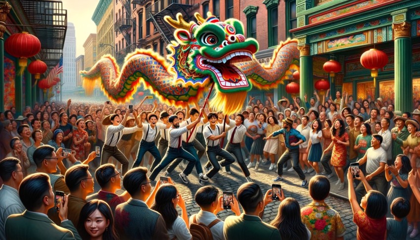 Dragon dance performed traditionally on the street.