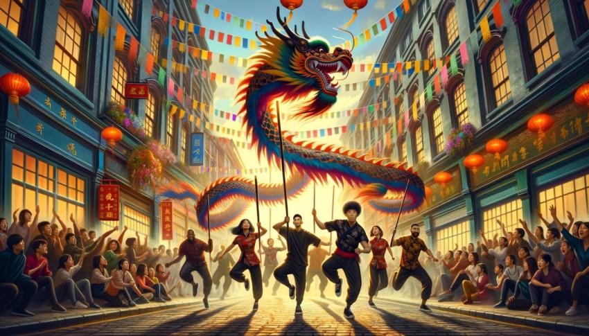 Dragon dance performed traditionally on the street.