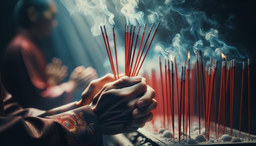 People lighting incense for worship during Chinese New Year.