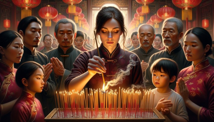 People lighting incense for worship during Chinese New Year.