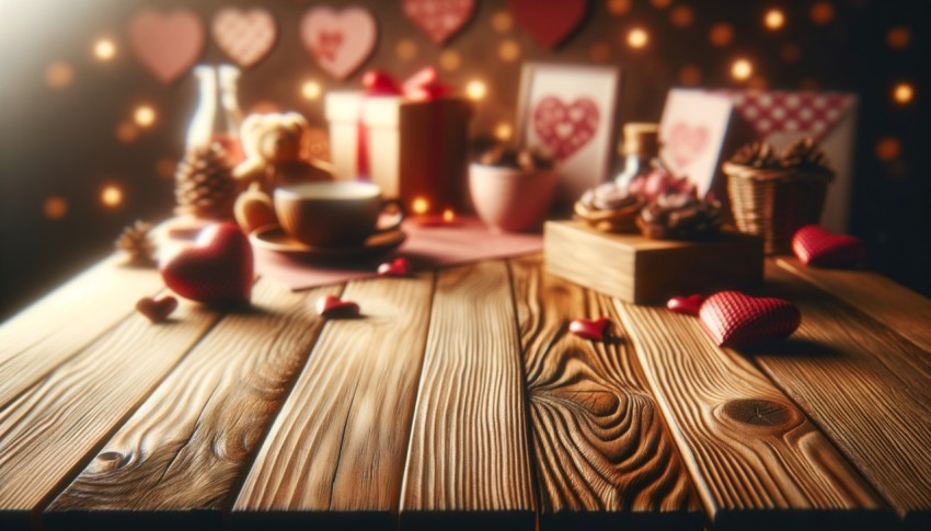 Wood table on a blurred Valentine's Day background, perfect for mockups and layouts.