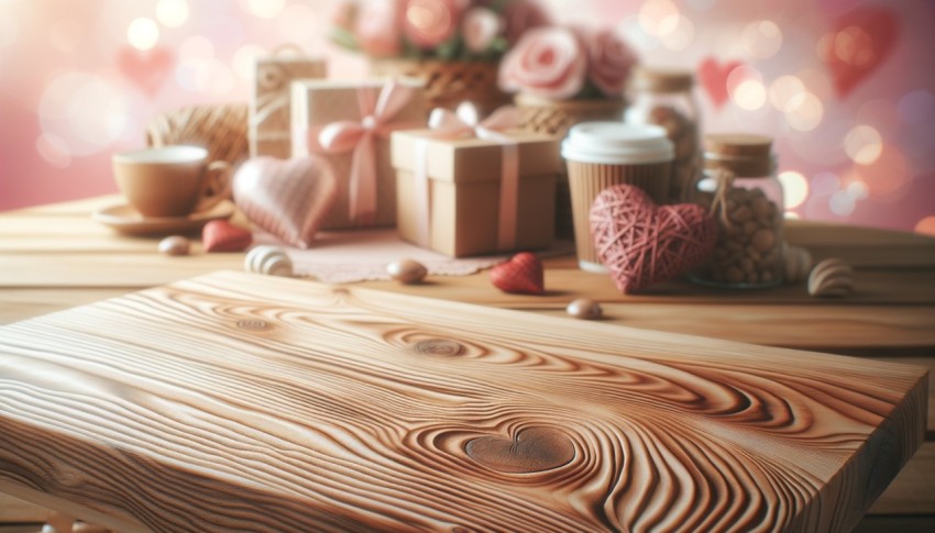 Wood table on a blurred Valentine's Day background, perfect for mockups and layouts.