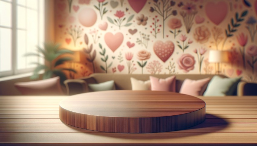 Wood table on a blurred Valentine's Day background, perfect for mockups and layouts.