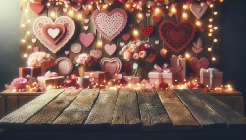 Wood table on a blurred Valentine's Day background, perfect for mockups and layouts.