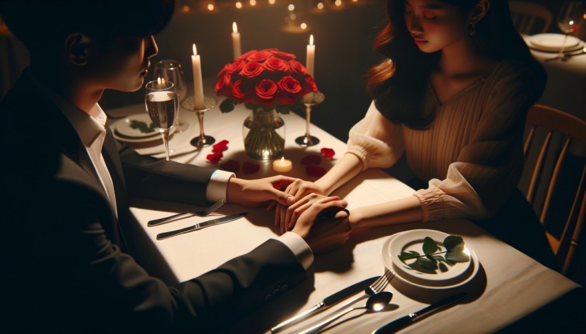 Valentine's Day with asian couple having dinner together