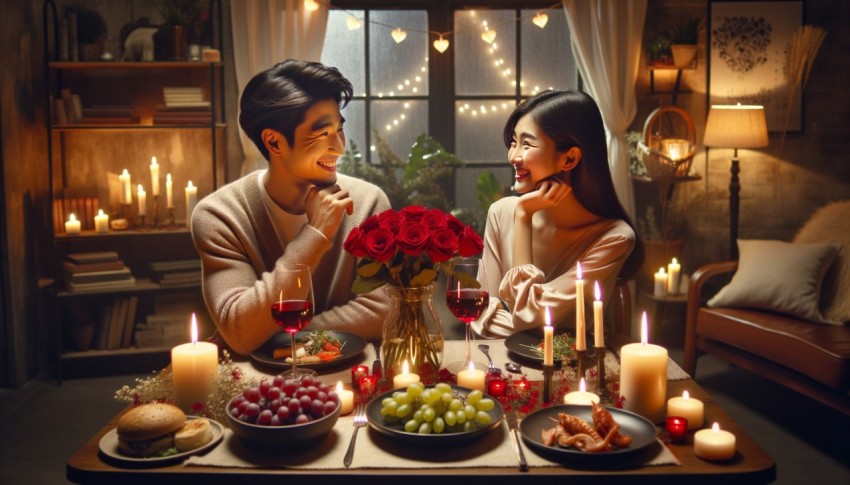 Valentine's Day with asian couple having dinner together