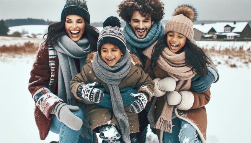 A happy family is having fun on a winter walk.