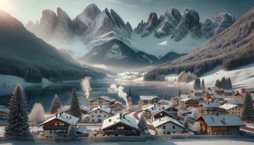 A small village in the Dolomites mountains during winter.