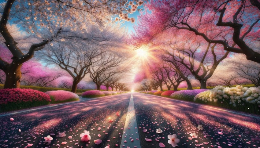 Spring road with blooming trees.