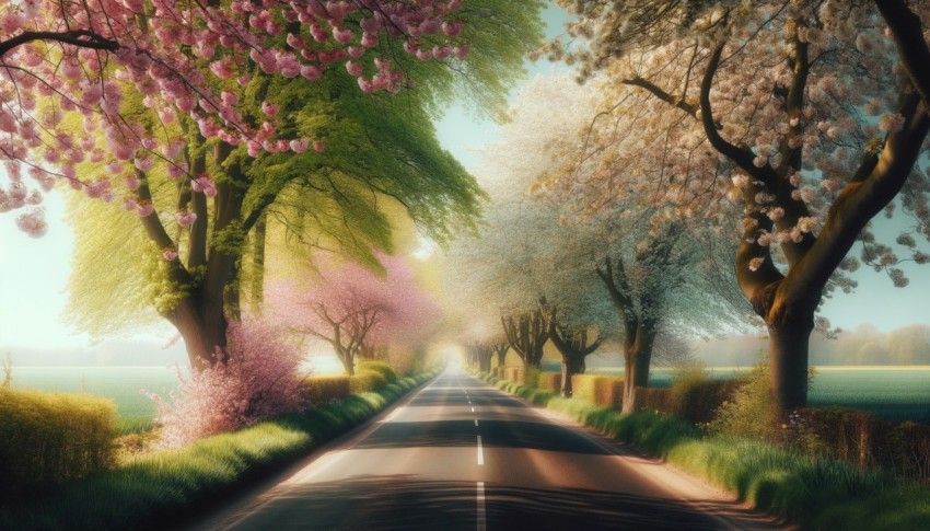 Spring road with blooming trees.