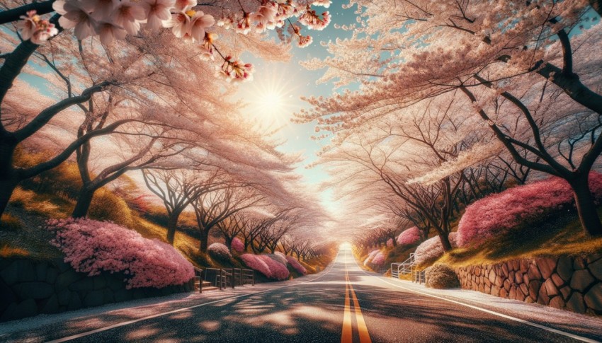 Spring road with blooming trees.