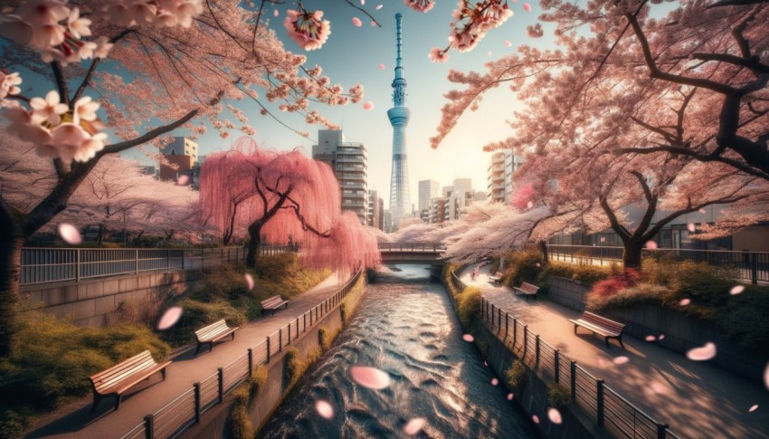 Spring scenery: Skytree and cherry blossoms along the river, benches in a park with a beautiful view.