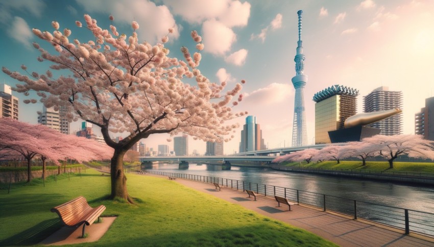 Spring scenery: Skytree and cherry blossoms along the river, benches in a park with a beautiful view.