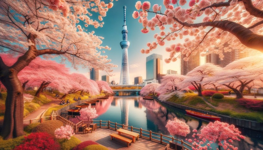 Spring scenery: Skytree and cherry blossoms along the river, benches in a park with a beautiful view.