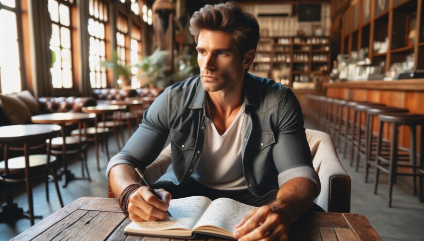 A creative author sitting in a cafe interior with a notebook.