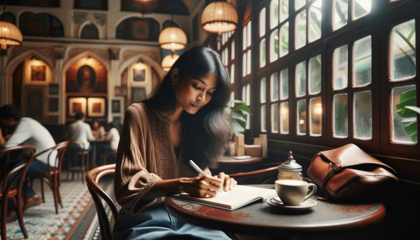 A creative author sitting in a cafe interior with a notebook.