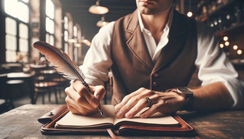 A creative author sitting in a cafe interior with a notebook.