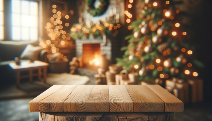 A wooden table before a snowy, blurred Christmas backdrop, ideal for design mockups.