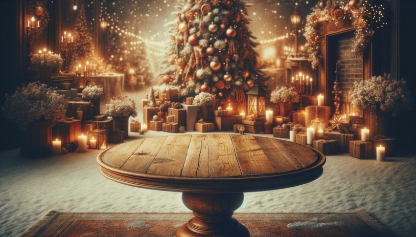 A wooden table before a snowy, blurred Christmas backdrop, ideal for design mockups.