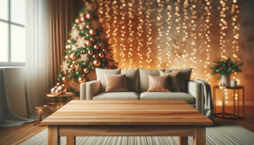 A wooden table before a snowy, blurred Christmas backdrop, ideal for design mockups.