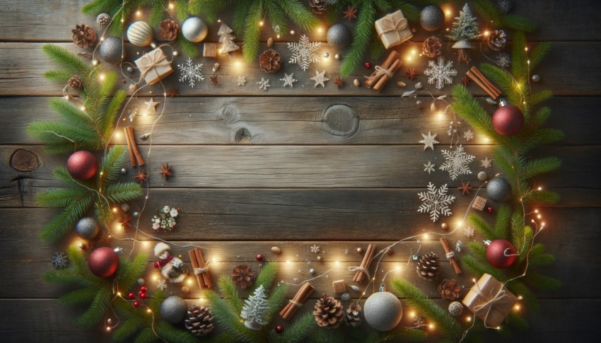 Christmas backdrop with fir branches, decorations, and lights on a rustic table, space included