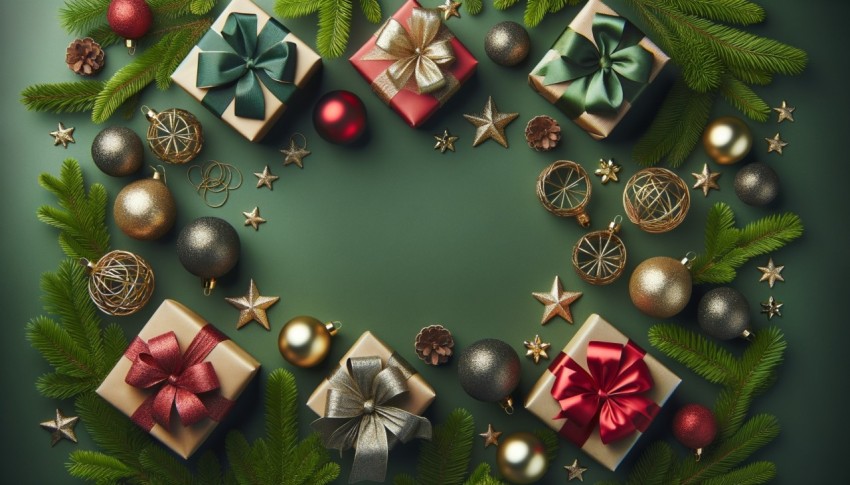 Christmas backdrop with fir branches, decorations, and lights on a rustic table, space included.