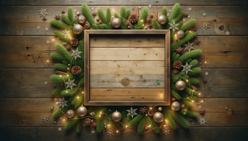 Christmas backdrop with fir branches, decorations, and lights on a rustic table, space included.