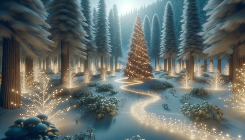 Decorated Christmas tree with a light path in a snowy forest.