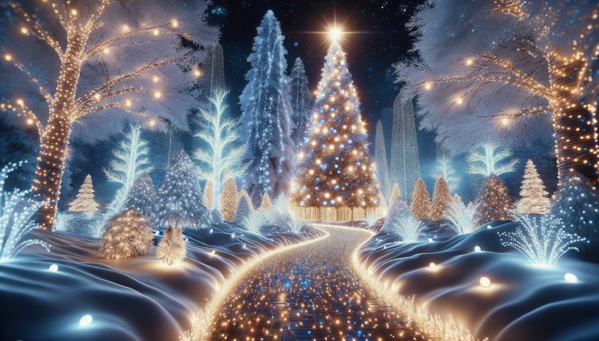 Decorated Christmas tree with a light path in a snowy forest.