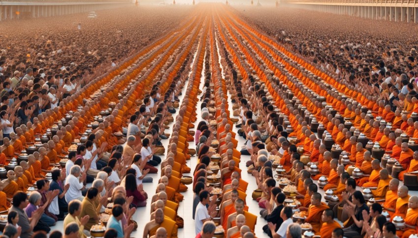 A grand merit-making event, offering alms to 30,000 monks, attended by hundreds of thousands of Thai and Myanmar Buddhists.