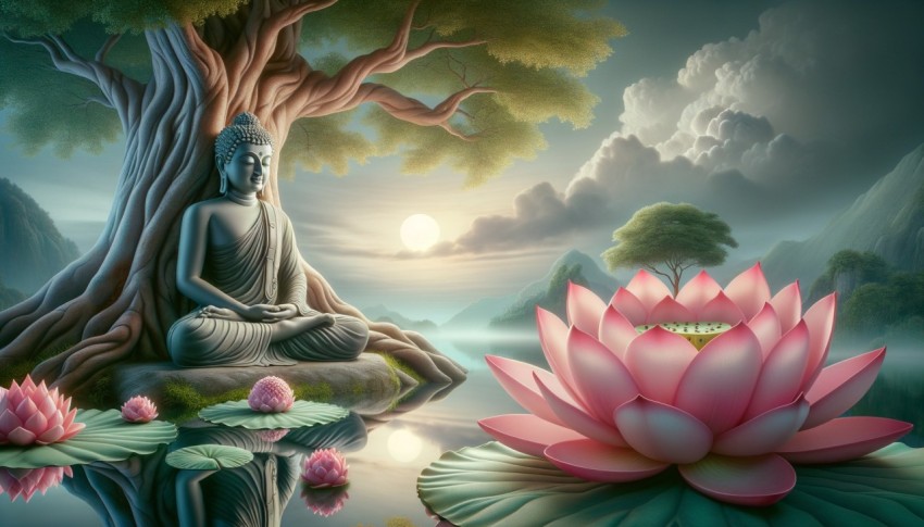 A Buddha statue sitting on a lotus flower in front of a tree, creating a serene and peaceful scene.