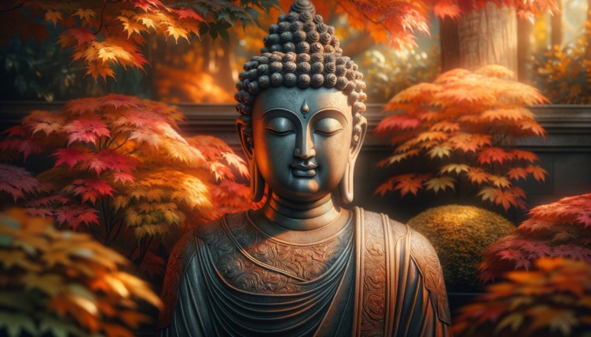 A Buddha statue sitting on a lotus flower in front of a tree, creating a serene and peaceful scene.