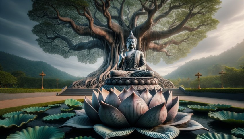 A Buddha statue sitting on a lotus flower in front of a tree, creating a serene and peaceful scene.