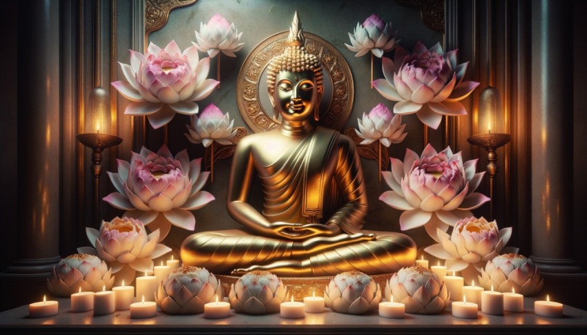 A Buddha statue sitting on a lotus flower in front of a tree, creating a serene and peaceful scene.