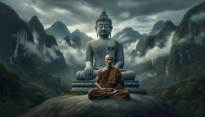 Tibetan monk in red robe walking on a path among mountains, rear view, beautiful nature landscape, divine sacred concept.