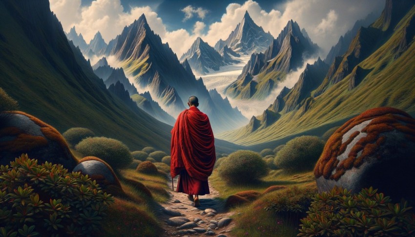 Tibetan monk in red robe walking on a path among mountains, rear view, beautiful nature landscape, divine sacred concept.