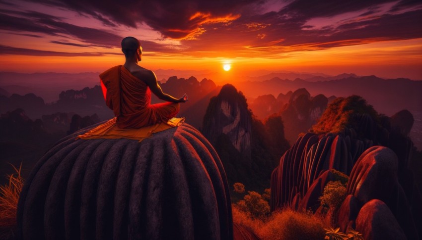 Tibetan monk in red robe walking on a path among mountains, rear view, beautiful nature landscape, divine sacred concept.