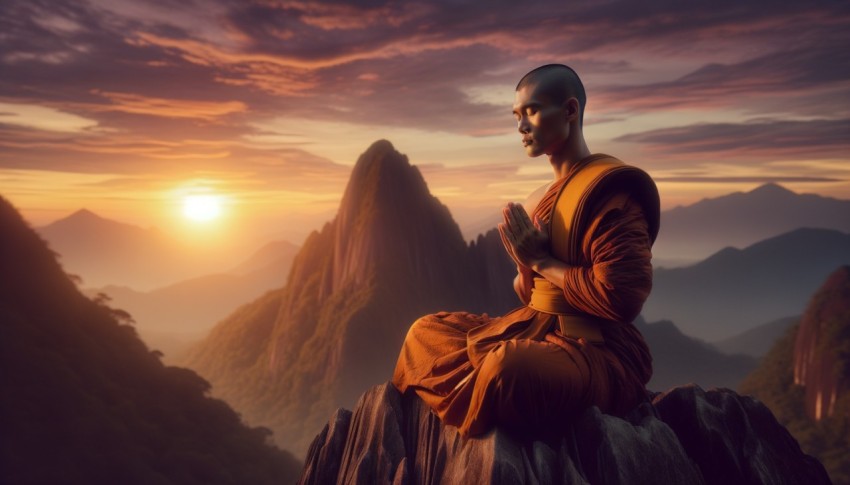 Tibetan monk in red robe walking on a path among mountains, rear view, beautiful nature landscape, divine sacred concept.