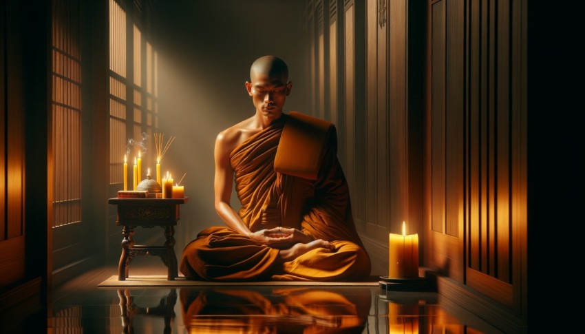 Buddhist monk in meditation pose against a black background.