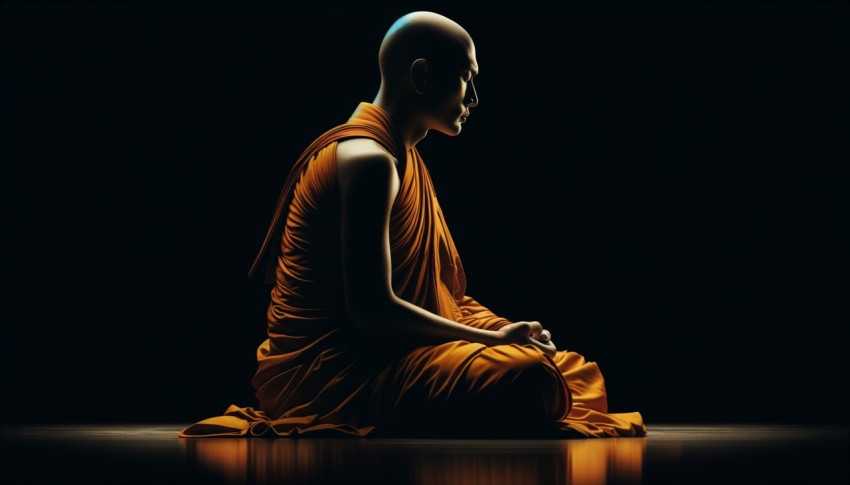 Buddhist monk in meditation pose against a black background.