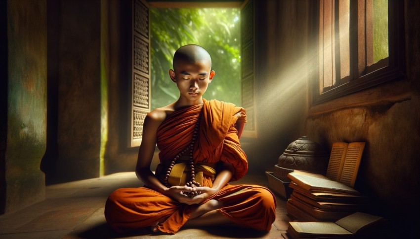 Buddhist monk in meditation pose against a black background.