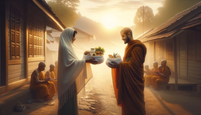 Offering food to a monk in the early morning.