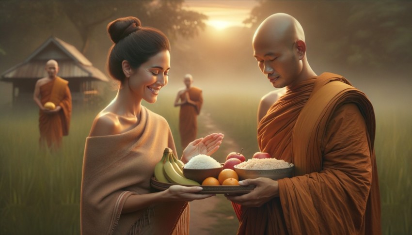 Offering food to a monk in the early morning.