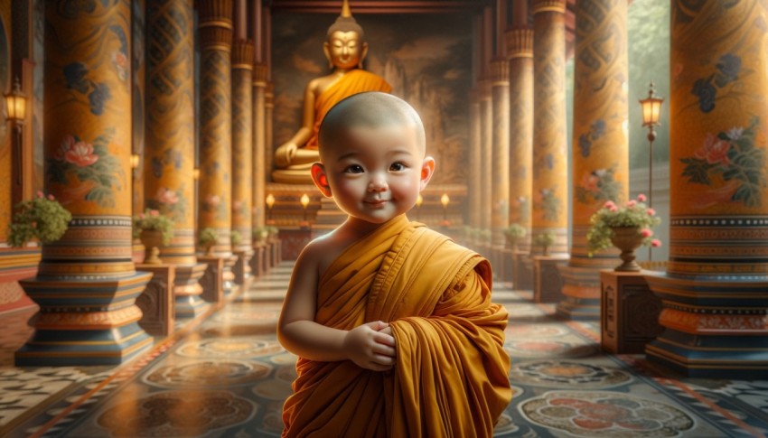 An adorable 2-year-old Asian Buddhist monk inside the temple, wearing a yellow-orange threefold robe.