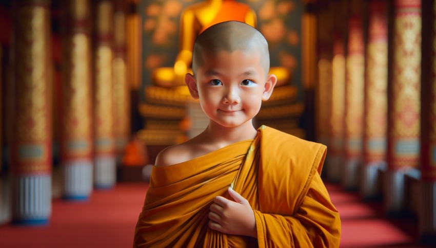 An adorable 2-year-old Asian Buddhist monk inside the temple, wearing a yellow-orange threefold robe.