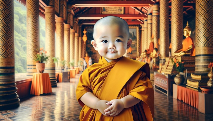 An adorable 2-year-old Asian Buddhist monk inside the temple, wearing a yellow-orange threefold robe.