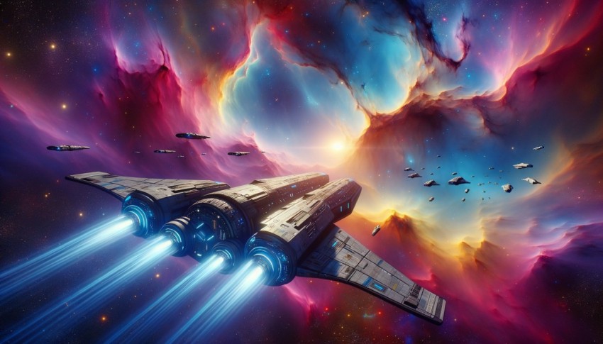 Sleek spaceship navigating deep space through a vibrant nebula with glowing stars.