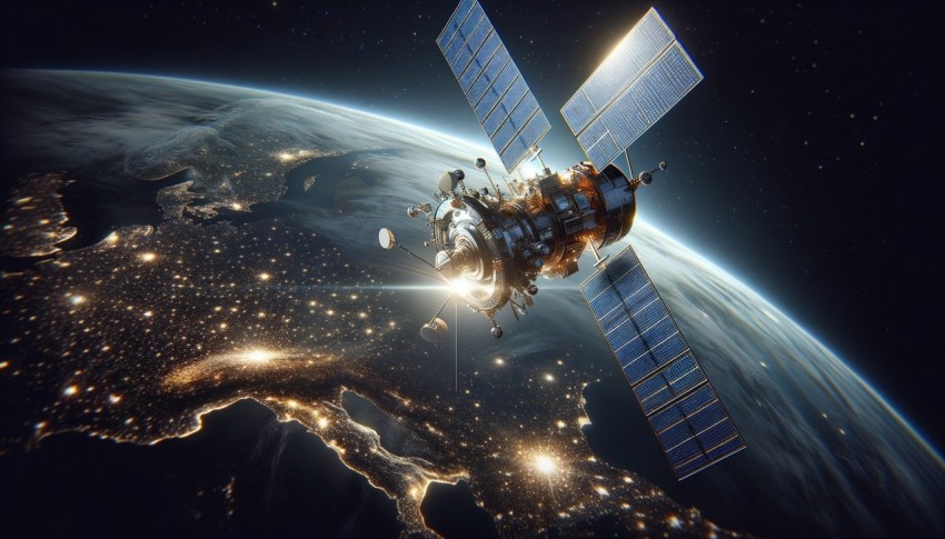 A communication satellite in outer space above the Earth, with a technology business background.