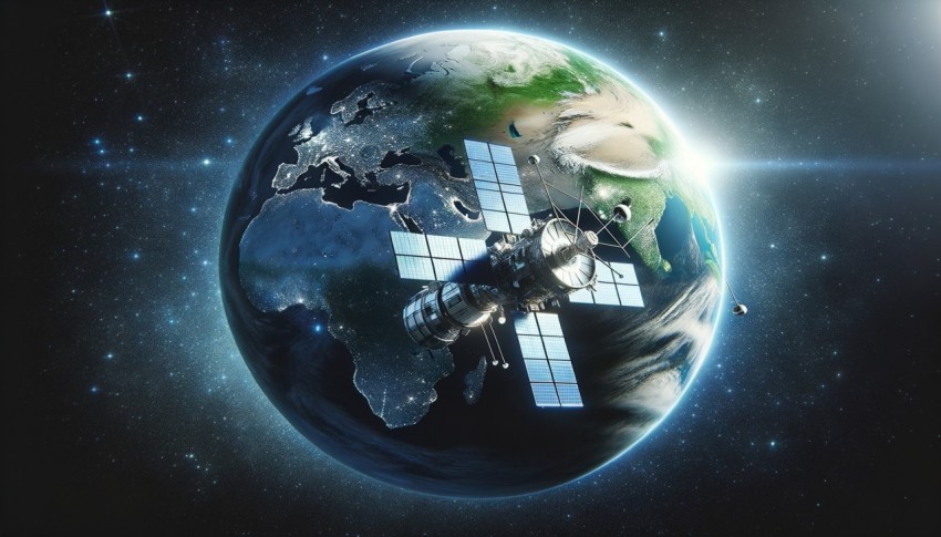 A communication satellite in outer space above the Earth, with a technology business background.