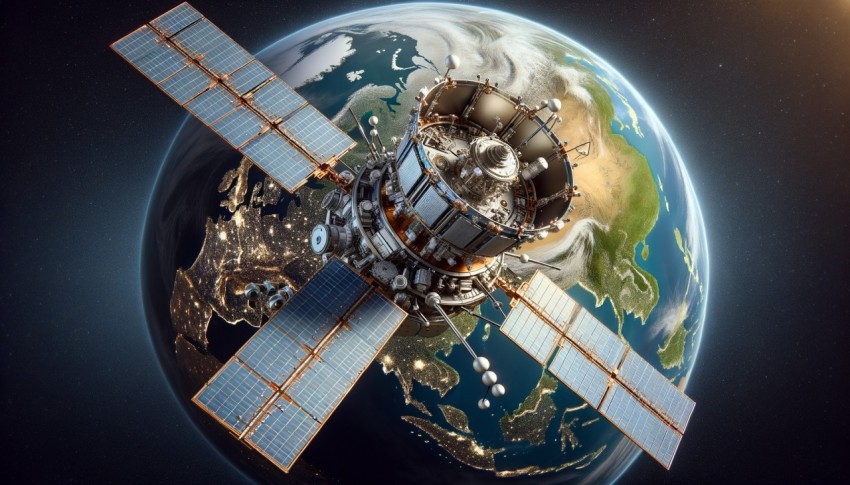 A communication satellite in outer space above the Earth, with a technology business background.